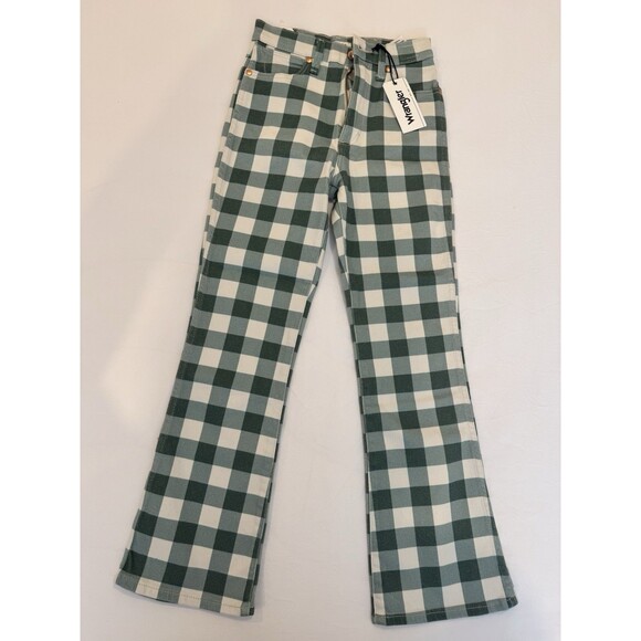 NWTS Wrangler WROCK 672 Green White Gingham Plaid Flare Jeans Size 24 VTG look - Picture 1 of 5